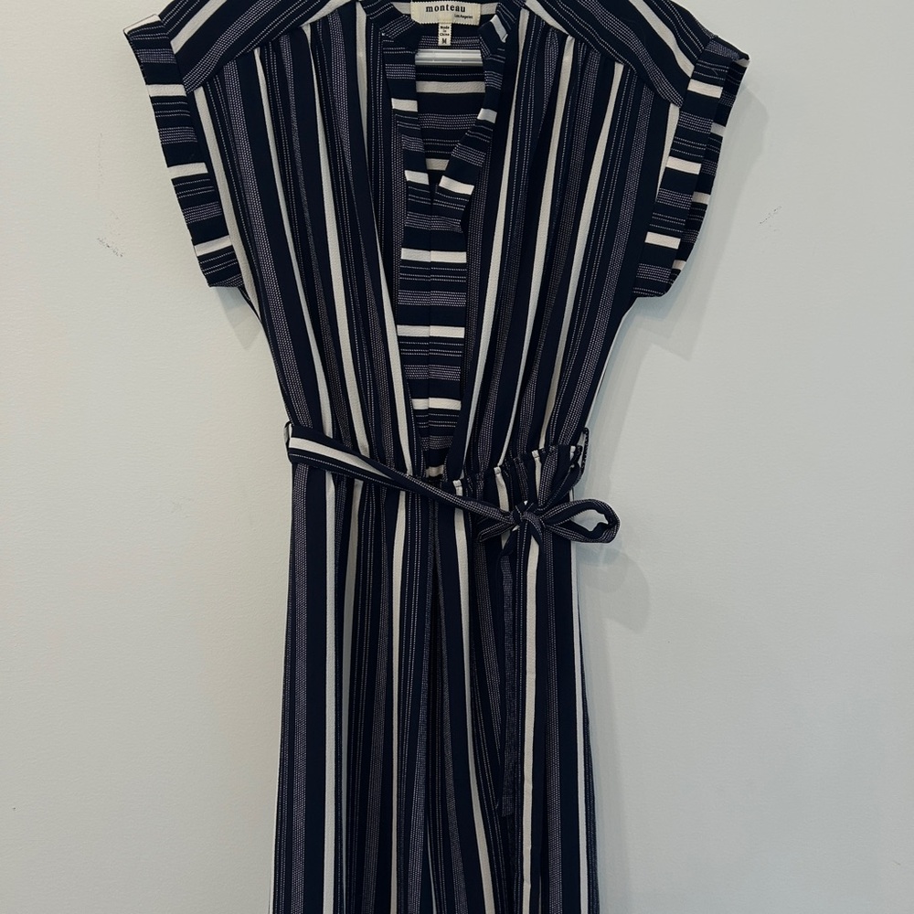 Monteau Navy and White Vertical Stripe Midi Dress with Tie Waist